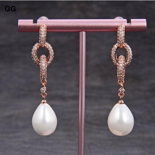 GuaiGuai Jewelry Teardrop White Sea Shell Pearl Rose Gold Color Plated Cz Pave Post Earrings