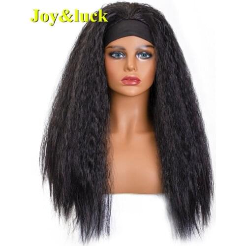 Joy&Luck Headband Wig Synthetic Long Kinky Straight Wig Black Head Wrap Turban Natural Black Color Wigs For Women