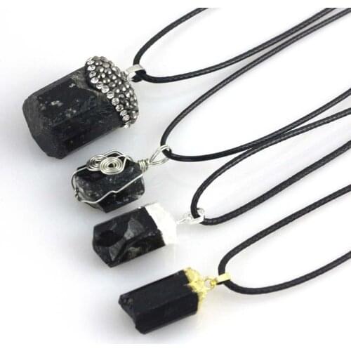 KFT Natural Healing Crystal Black Tourmaline Irregular Shape Stone Pendant Neckalce Earrings For Women Party Wedding Jewelry