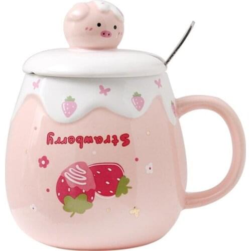 Korean Style Creative Pig Breakfast Mug Strawberry Pink Girl Cartoon Ceramic Cup Children Students With Spoon Milk Coffee Cup