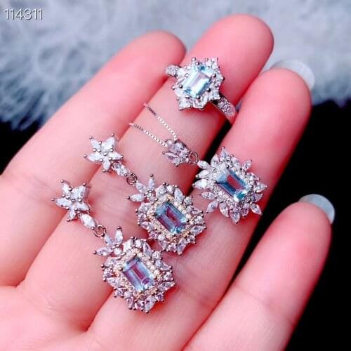Best Gift Real and Natural Natural And Real Aquamarine Jewelry set 925 sterling silver 1pc Ring,1pc Pendant,2pcs Earring