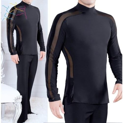 MenS New Mesh High Collar Shirt Professional Latin Dance Practice Tops Long-Sleeved Shirt Ballroom Performance Clothing DL4755