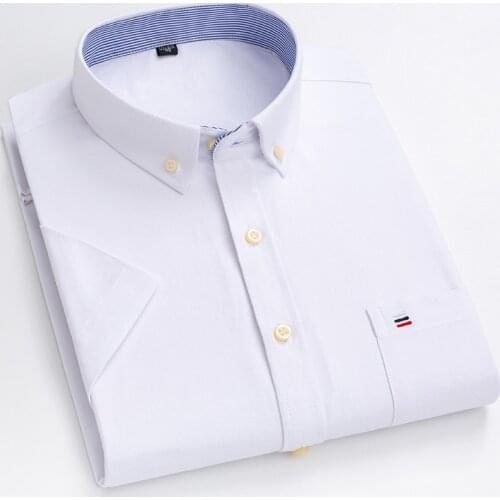 Mens Plaid Striped Shirts Summer Casual Short Sleeve 100% Cotton Thin Oxford Shirt Single Patch Pocket Standard-Fit Button-Down