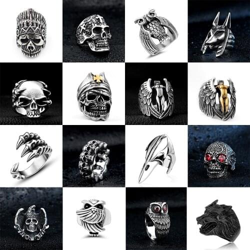 Gothic Vintage Mens Ring 316 Stainless Steel Red CZ Stone Animal Rings For Punk Boy 2021 New Trends Skull Skeleton Finger-Ring