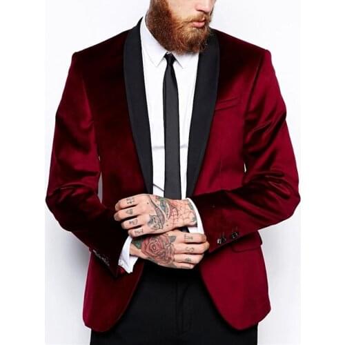 2 Pieces Mens Velvet Suit Slim Fit Burgundy Costume Tuxedos Shawl Lapel Suit Groomsman Mens Wedding Suits Bridegroom Men clothes