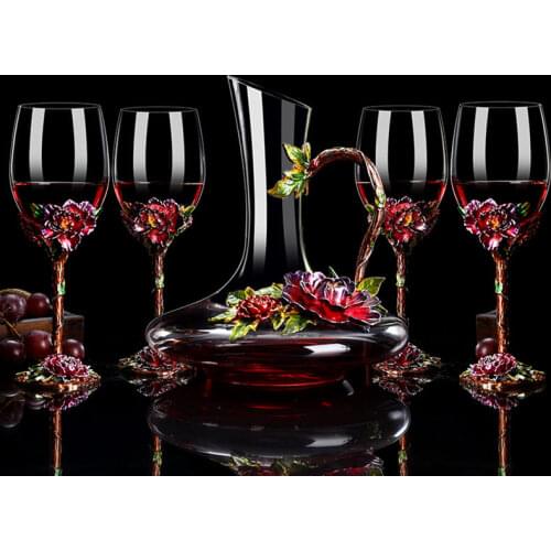 5pcs Set Enamel Glass Wine Set Lead-free wine Glass Decanter set creative Goblet red wine Glasses Gift Box