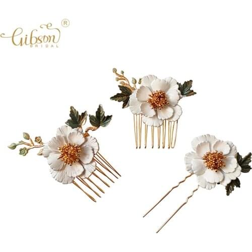 Ins Style Headpiece Set Hand Painted Flower Green Maple Leaf Accessories Wedding Bridal Hair Comb And Pin