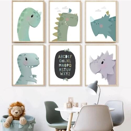 Nordic Lovely Nursery Cartoon Art Canvas Painting Alphabet Animals Dinosaur Posters Picture Nursery Kids Room Wall Home Decor