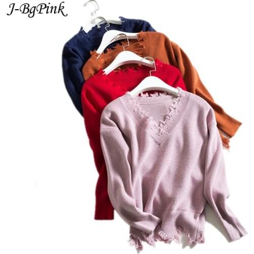 Fashion Korean Women Knitted Embroidered Pullover Sweater V-neck Womens Burr Sweater Femme Tricot Pull Autumn sweater fem