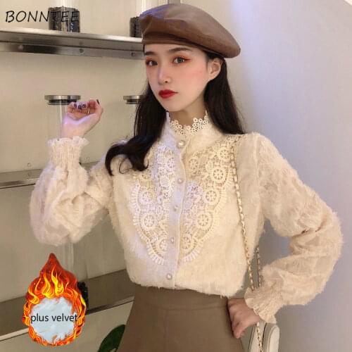 Blouses Women Solid Lace Autumn Elegant Turtleneck Lady Shirts Fashion Artistic All-match Thicker Design Oversized 2021 Clothes