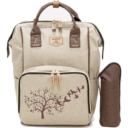 Beige Tree Pattern Mother Baby Care Backpack and Hanger Bracket and Thermal Biberonluk