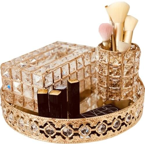Crystal glass cosmetic storage box decorative metal mirror tray dressing table desktop decoration tissue box