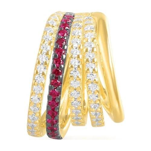 925 Sterling Silver White & Burgundy Red Zircon Five Hoop Circles Ear Cuff Women Fashion Yellow Gold Color Sliding Clip Earring