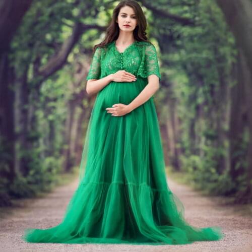 Green Lace Maternity Dress Maternity Gown for Photoshoot Boudoir Lingerie Short Sleeves Robe Bathrobe Nightwear Babydoll Robe