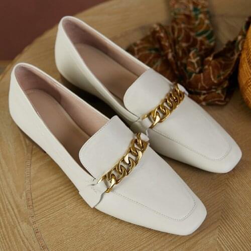 Womens genuine leather chain decoration slip-on flats loafers leisure soft comfort daily single shoes high quality moccasins