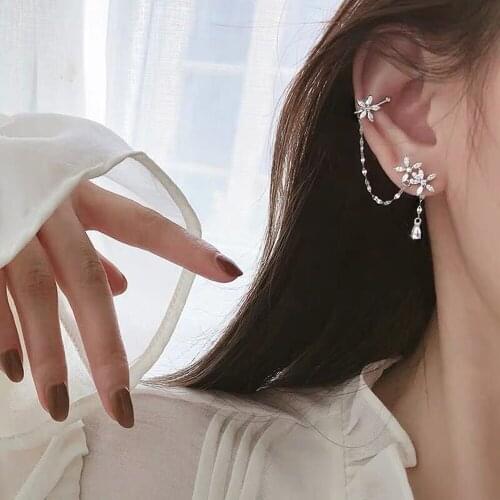 1 Pair Flower Women Girls Earrings Shiny Zircon Long Chain Ear Clip Earrings Asymmetry Ear Cuff Rhinestone Crystal Clip Earring