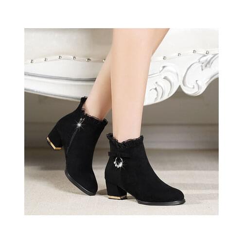 2020 Hot Winter Women Ankle Boots Faux Suede Chunky Boot gauze Designer Shoes Black High Heels Dress Shoes Sexy botas mujer