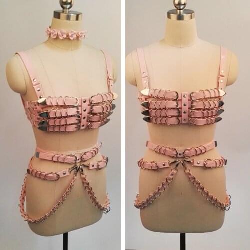 100% Handmade Punk Gothic PU Leather Bra Top Heavy Duty 4 Row Body Waist Belt Waist Cincher Suspender