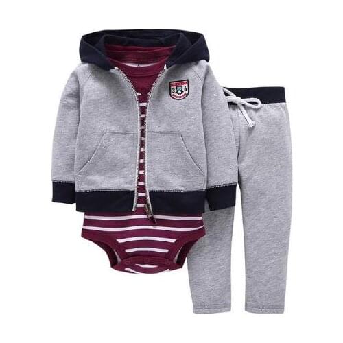 Childrens jumpsuit suit cartoon 3 piece set solid color gray hooded zipper full sleeve jacket + one-piece + pants boys clothing