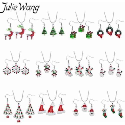 Julie Wang Enamel Christmas Tree Bell Hat Santa Claus Necklace+Earrings Alloy Jewelry Set Snake Chain Fashion Women Xmas Gift