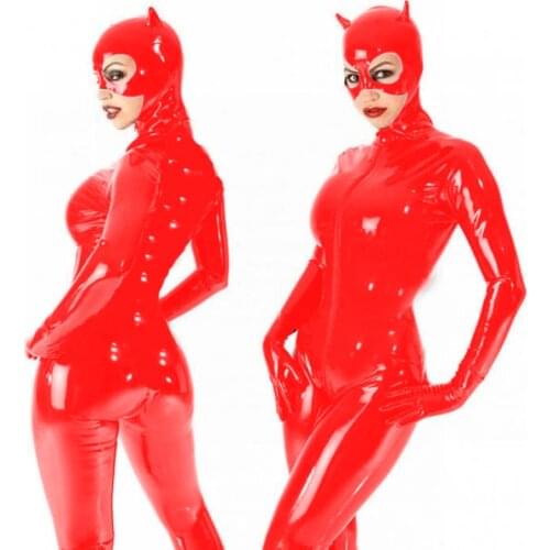 Erotic Sexy Crotchless Latex Look Bodysuit Vinyl Open Crotch Leather Catsuit Footed Catsuit Halloween Costume With Glove Mask