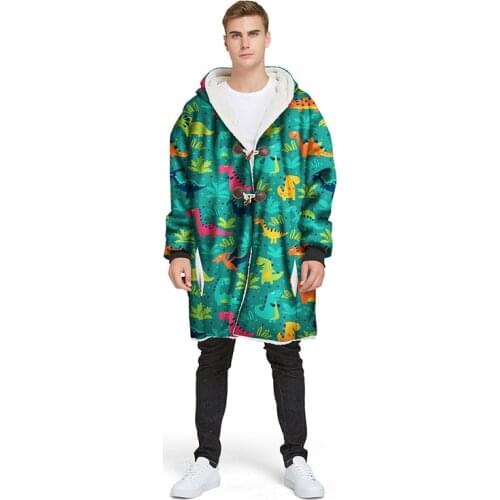 Cartoon Dinosaur Fleece Hooded Blanket With Sleeves Sherpa Plush Winter Outdoor hoodie Robe Soft Warm Wearable TV Blanket
