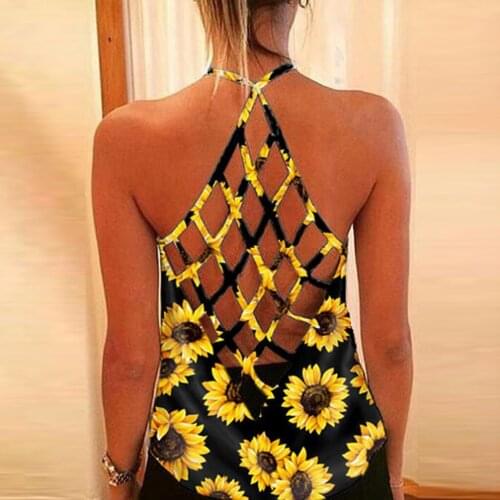 Harajuku Womens Summer Tank Tops Sunflower Print O-Neck Sleeveless Sexy Vest Fashion Tank Top Hollow Out Bandage Vest 2020