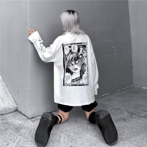HOUZHOU Gothic Cartoon Horror T-shirt Women Character Print Loose Punk Japanese T Shirts Pullover Top Harajuku Street Tees Shirt
