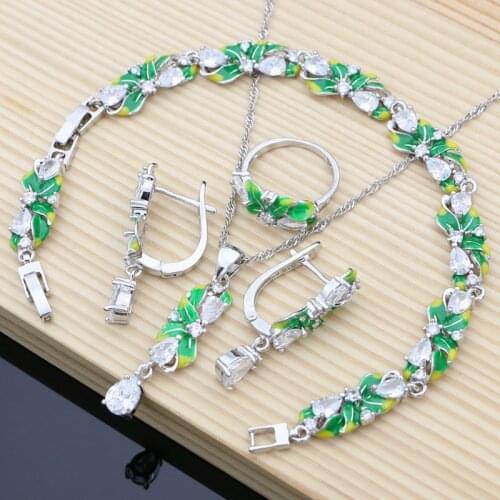 925 Silver Wedding Jewelry Sets Earrings with Drop Zircon Green Enamel Leaves Bracelet Necklace Dropshipping