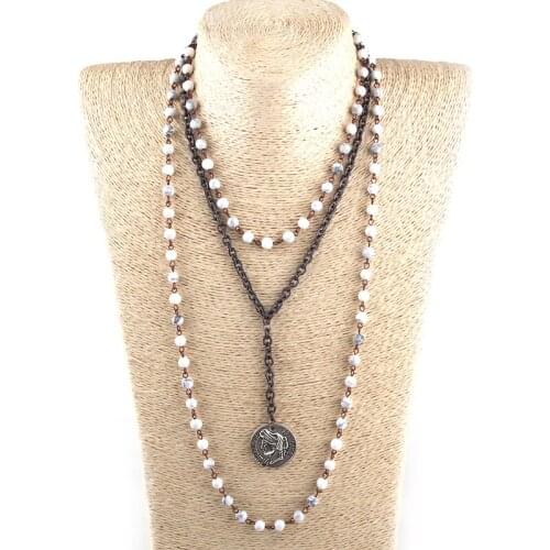 MOODPC Fashion Bohemian Tribal Jewelry 3 Layer Multiple White Stone Rosary Link & Chain Coin Pendant Necklaces