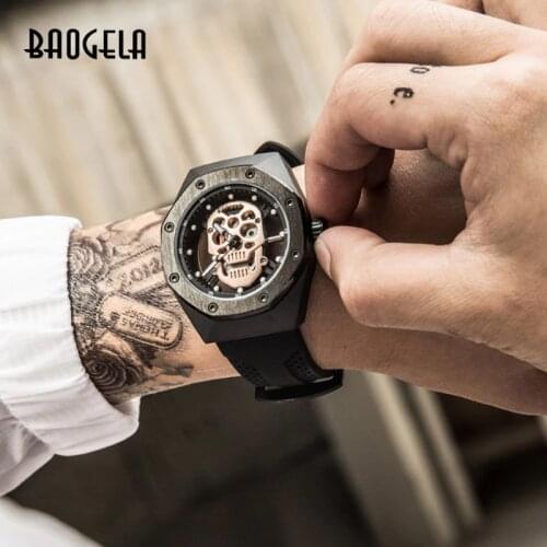 BAOGELA Skeleton Watches Men Luxury Top Brand Waterproof Wristwatch Skull Dial Military Sports Watch Man Relogios Masculino 1902