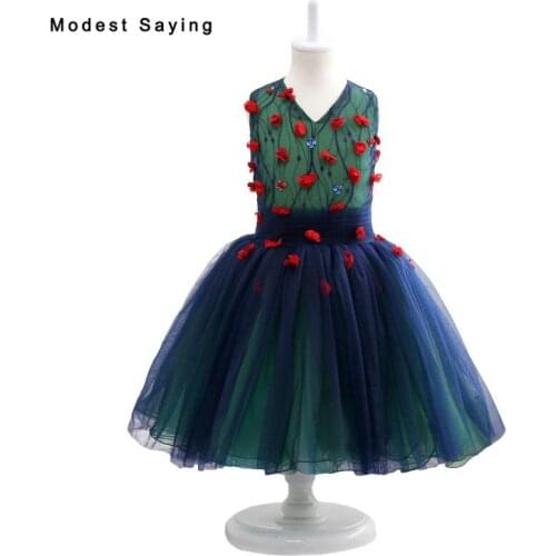 New Dark Blue Forest Spirit Lace Flower Girl Dresses 2017 with Flowers Knee Length Wedding Pageant Gowns for Little Baby Girls