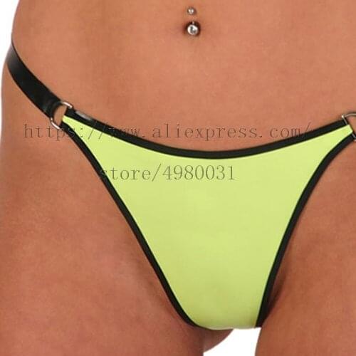 Novelty latex T-back womens latex briefs in yellow with black trim colors