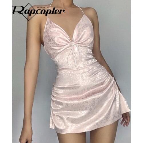 Rapcopter Floral Mini Dress Ruched Tie Up Short Dress y2k Vintage Elegant Sundress Prom Evening Pink Halter Dress Summer 2021