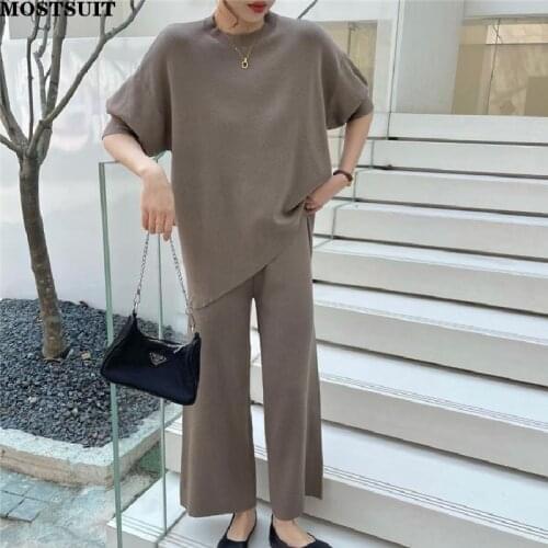 Casual Loose Vintage Two Piece Pants Set Women Short Sleeve Tops + Wide Leg Pants Solid Chic Ladies 2 Piece Set 2021 Autumn