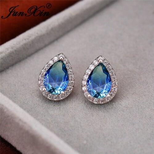 Pear Cut Water Drop Crystal Wedding Stud Earrings For Women Silver Color Rainbow Fire Zircon Green Blue Pink Ear Studs Gifts