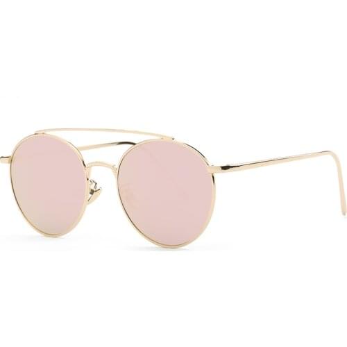 DENISA Pink Round Sun Glasses Women Double Bridge Style Vintage Sunglasses Retro Shades For Women Metal Frame Mirror Oculos G853