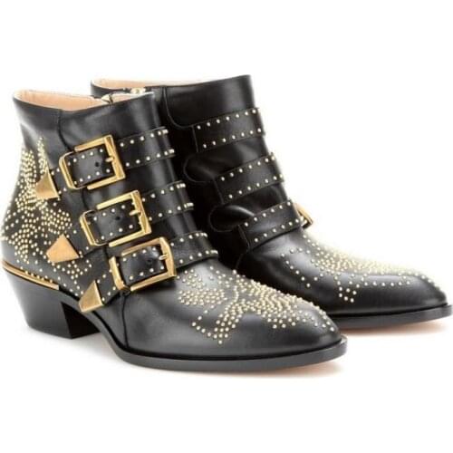 Spring/autumn Women Ankle Boots Zip Pointed Toe Square Heel Genuine Leather Rivet Short Boots Shoes Woman Fashion Botines Boot