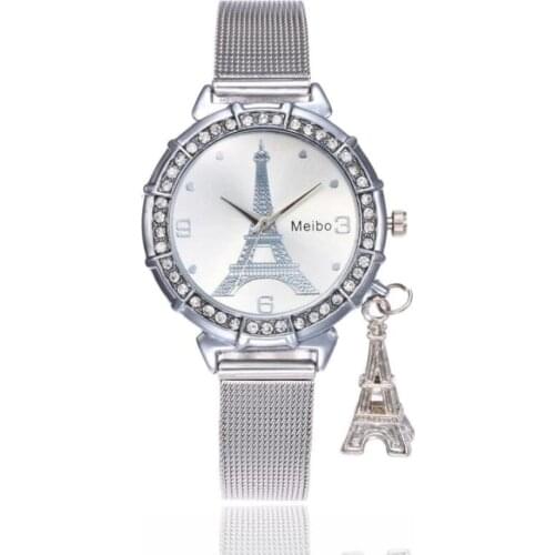 MEIBO Top Brand Women Watch Silver Gold Mesh Metal Stainless Steel Band Eiffel Tower Pendant Quartz Watches relogio feminin #L05