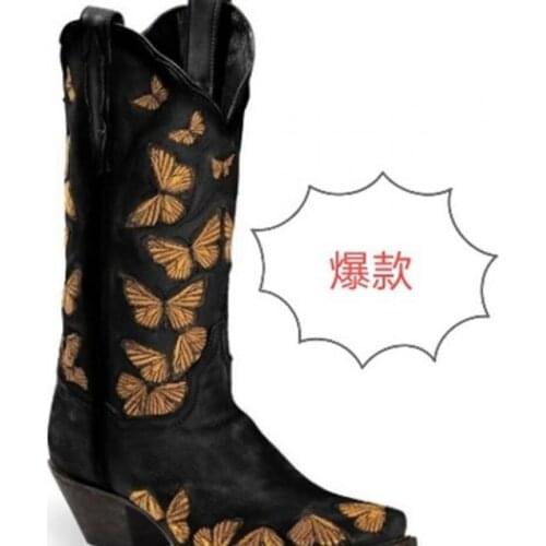 Womens Embroidered Butterfly Cowgirl Boots Western Boots Womens Retro Knee High Boots Handmade Leather Cowboy Boots Large Size