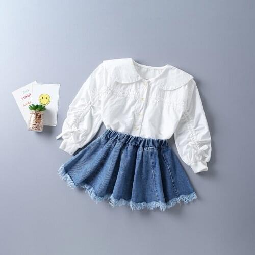 2-7 years high quality girl clothing set 2020 new autumn fashion orange white t shirt + denim skirt kid children clothing
