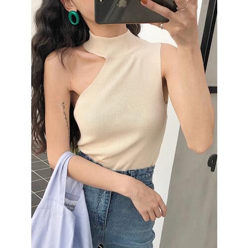 2021 Summer Sexy Off Shoulder Tank Tops Women Fashion Solid Color Beige Black Female Sleeveless Knitted Crop Top Casual