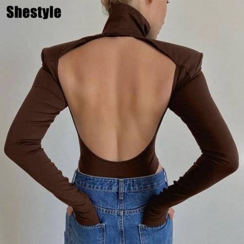 Shestyle Scoop Back Shoulder-padded Bodysuits Women Sexy Thong Button Solid Turtleneck Chic Elegant Brown Body Party Night