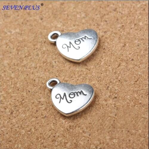 High Quality 10 Pieces/Lot 14mm*18mm Antique Silver Plated Letter Printed Hearts Family Charms MOM Charms
