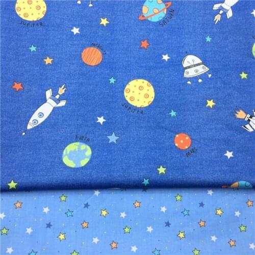 100% cotton twill cloth cartoon BLUE space Spaceship rocket stars fabric for DIY kids crib bedding quilting apparel decoration