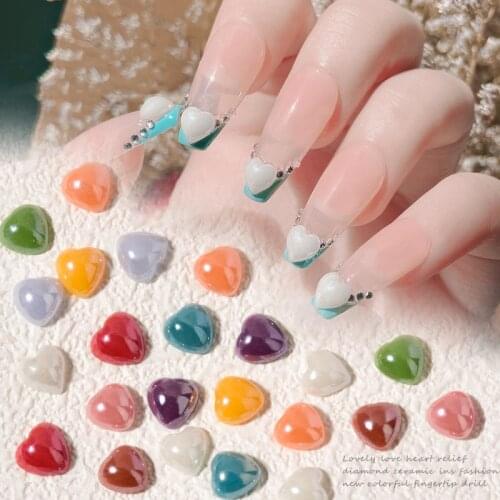 100Pcs Cute Love Heart Nail Art Decorations Candy Colorful 3D Flatback Ceramic White Heart Nail Jewelry Mini Manicure Accessory