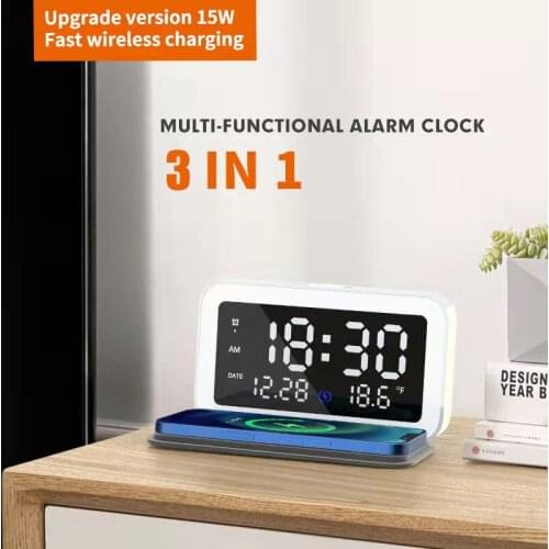 3 in 1 15W Fast Wireless Charger with Alarm Clock LED Light, Three Alarm Clock Settings, Soft Atmosphere Night Light for Bedroom