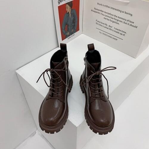 Chunky Martin Boots Women Black Brown Warm Plush Round Toe Side Zipper Leather Lace-up British Style Trendy Female Ankle Boots