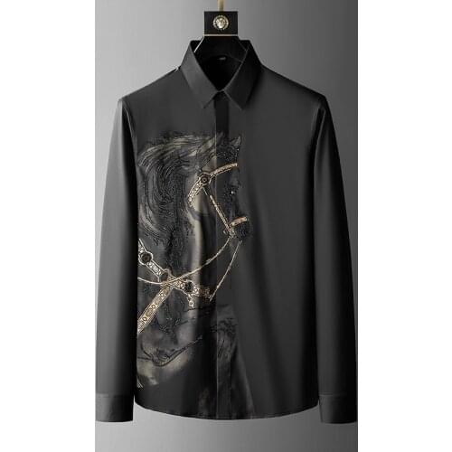 Brand Luxury Rhinestone Mens Shirt 2021 Autumn Long Sleeve Slim Casual Shirts Business Social Formal Dress Shirts Streetwear