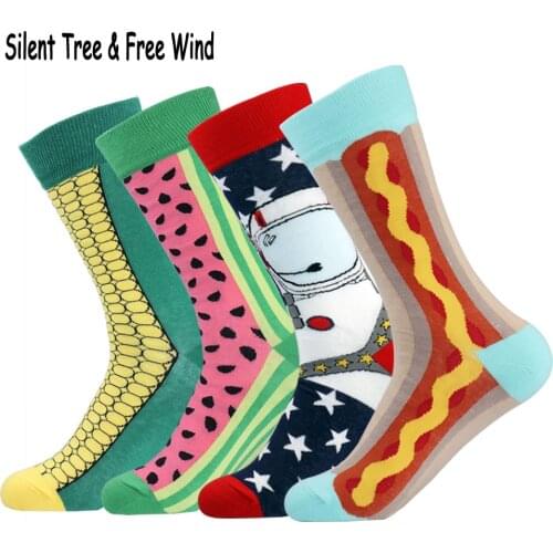 Brand Funny Men Women Fruit Cartoon Cotton Crew Socks British Happy Watermelon Corn Noodle Spacemen Hot Dog Long Socks